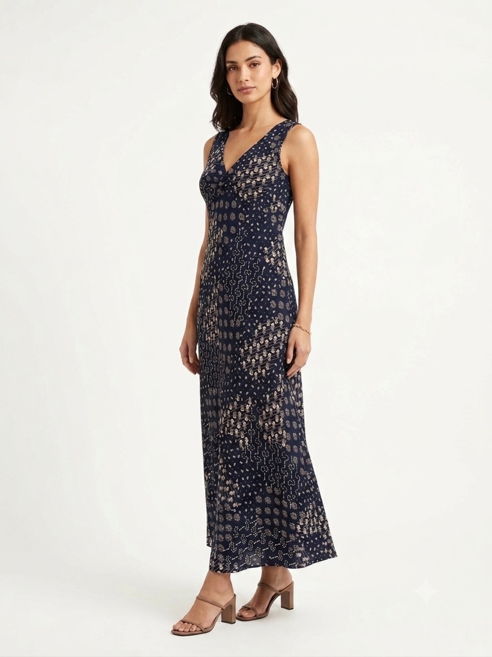 R & K, Navy Patterned V-Neck Maxi Dress - M